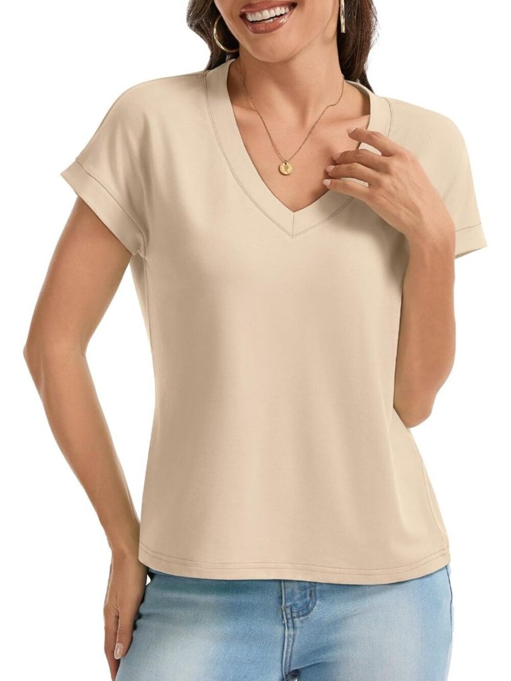 〽️Women Apricot Pink V Neck Cap Sleeve Summer Basic Loose Fit Pull On Crop Tops